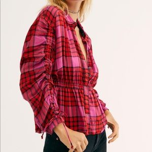 FREE PEOPLE PACIFIC DAWN PLAID LONG SLEEVE BUTTON UP TOP